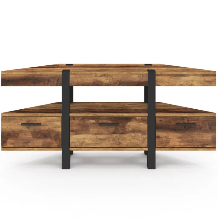 Meuble TV 110 cm d'angle bois pied épingle avec tiroirs