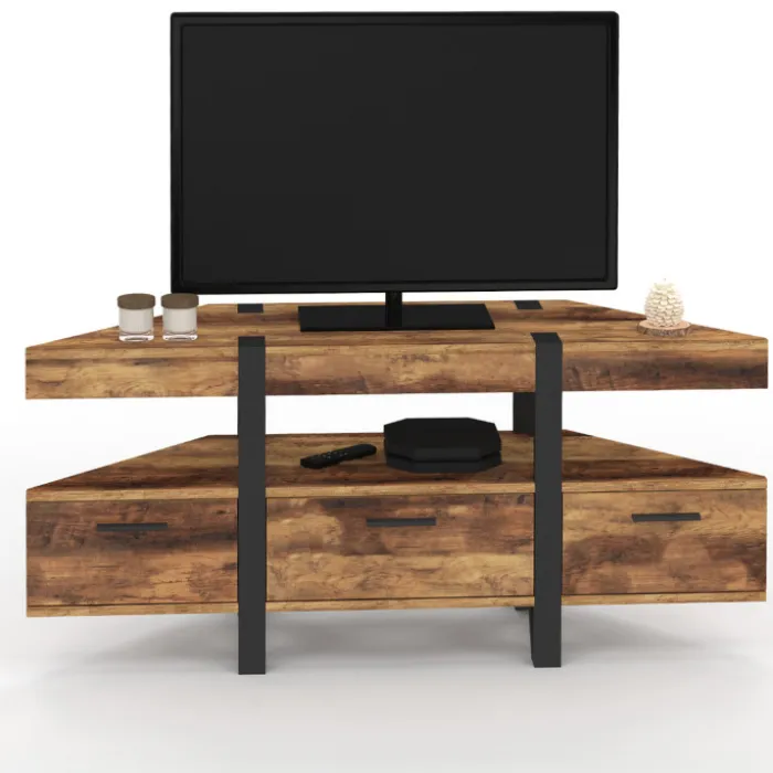 Meuble TV 110 cm d'angle bois pied épingle avec tiroirs