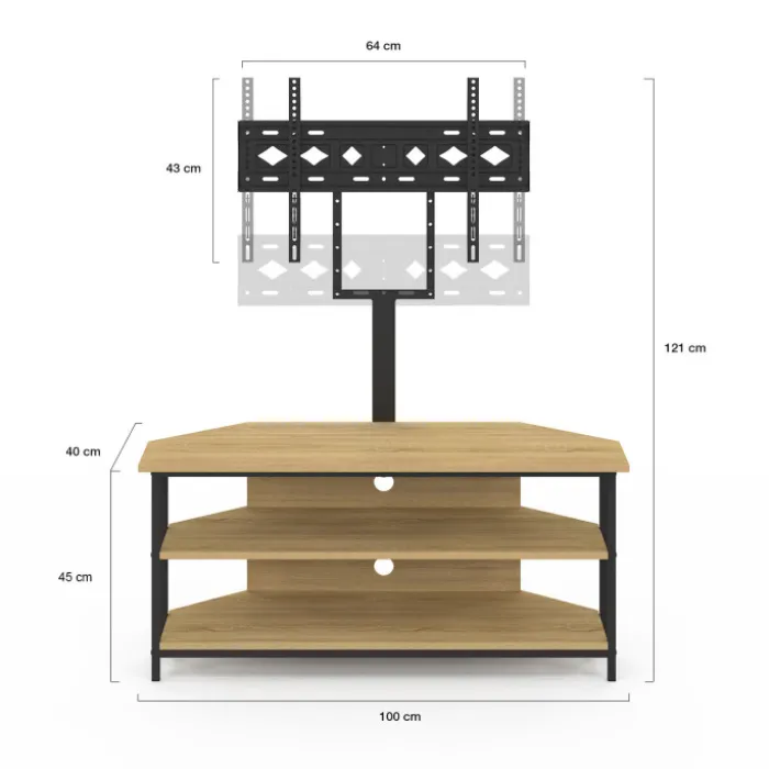 Meuble TV 100 cm d'angle design industriel avec étagères et support TV réglable de 32 à 70 pouces