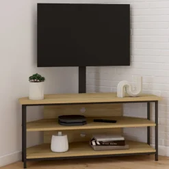 Meuble TV 100 cm d'angle design industriel avec étagères et support TV réglable de 32 à 70 pouces