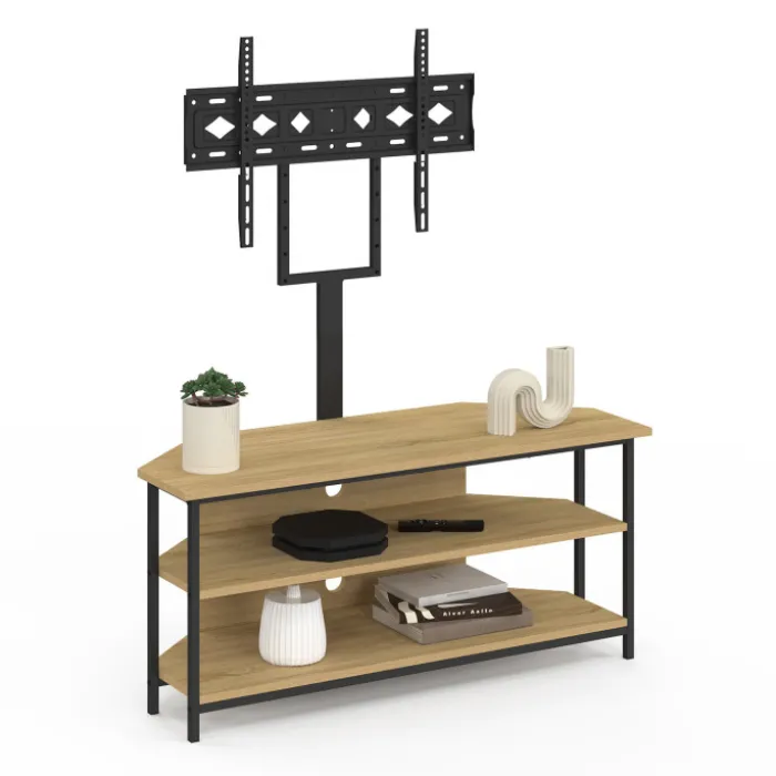 Meuble TV 100 cm d'angle design industriel avec étagères et support TV réglable de 32 à 70 pouces