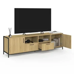 Meuble TV 180 cm design industriel 2 portes 2 tiroirs