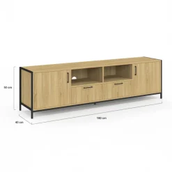 Meuble TV 180 cm design industriel 2 portes 2 tiroirs