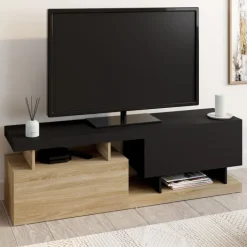 Meuble TV 140 cm double-portes effet bois et noir