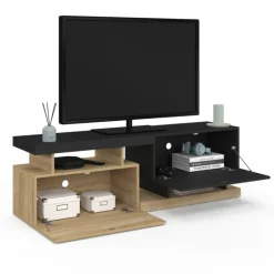 Meuble TV 140 cm double-portes effet bois et noir