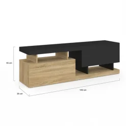 Meuble TV 140 cm double-portes effet bois et noir