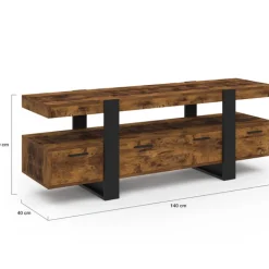 Meuble TV 140 cm noir et bois effet vieilli avec rangement