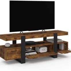 Meuble TV 140 cm noir et bois effet vieilli avec rangement