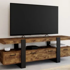 Meuble TV 140 cm noir et bois effet vieilli avec rangement