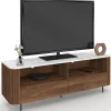 Meuble TV 140 cm noyer effet lattes 2 tiroirs et plateau marbre blanc