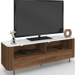 Meuble TV 140 cm noyer effet lattes 2 tiroirs et plateau marbre blanc