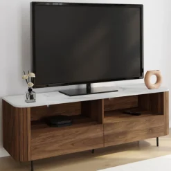 Meuble TV 140 cm noyer effet lattes 2 tiroirs et plateau marbre blanc
