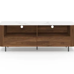 Meuble TV 140 cm noyer effet lattes 2 tiroirs et plateau marbre blanc