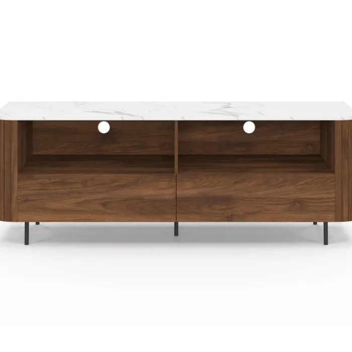 Meuble TV 140 cm noyer effet lattes 2 tiroirs et plateau marbre blanc