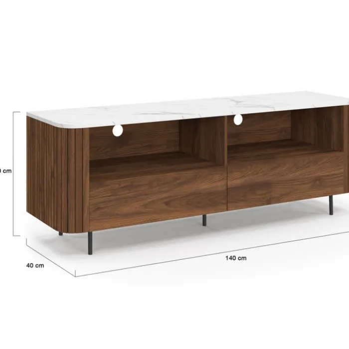 Meuble TV 140 cm noyer effet lattes 2 tiroirs et plateau marbre blanc