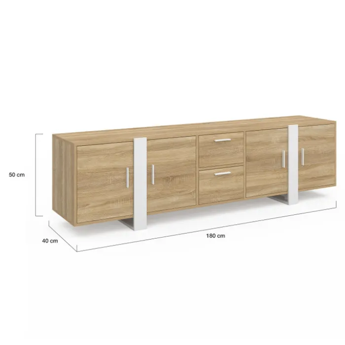 Meuble TV 180 cm PHOENIX 4 portes + 2 tiroirs bois et blanc