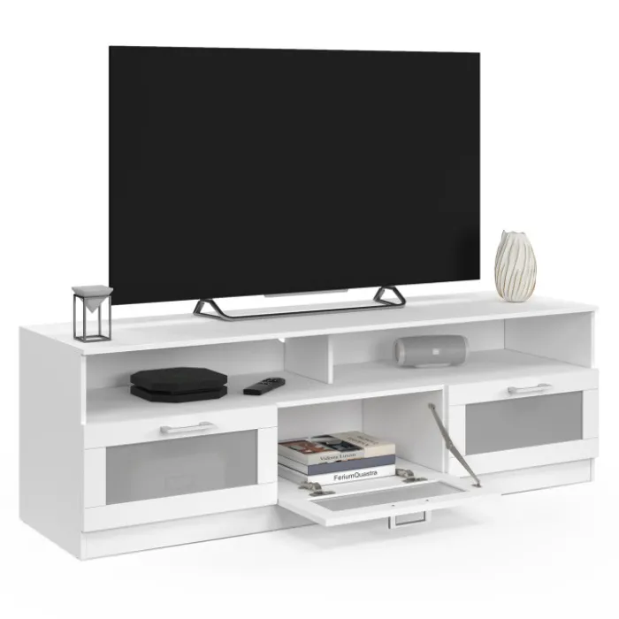 Meuble tv 140 cm portes givrées blanc
