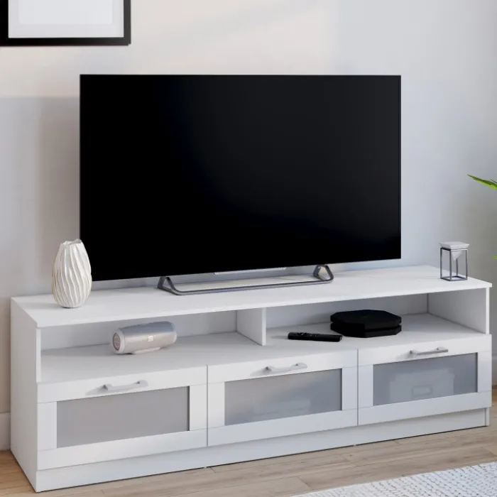 Meuble tv 140 cm portes givrées blanc