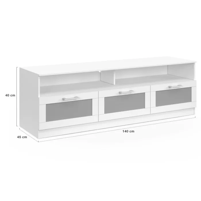 Meuble tv 140 cm portes givrées blanc