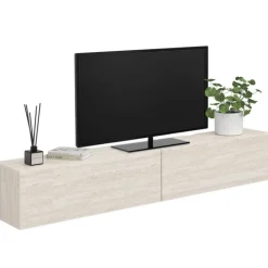 Meuble TV 180 cm suspendu 2 portes bois effet travertin