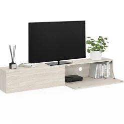 Meuble TV 180 cm suspendu 2 portes bois effet travertin
