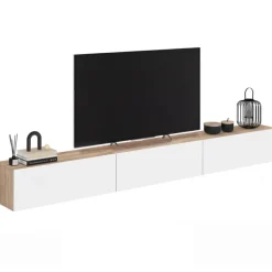 Meuble TV 270 cm suspendu 3 portes bois et blanc