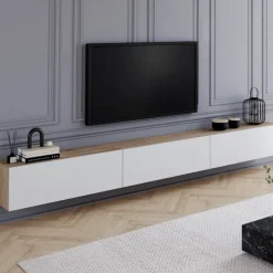 Meuble TV 270 cm suspendu 3 portes bois et blanc