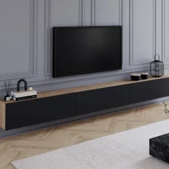 Meuble TV 270 cm suspendu 3 portes bois et noir