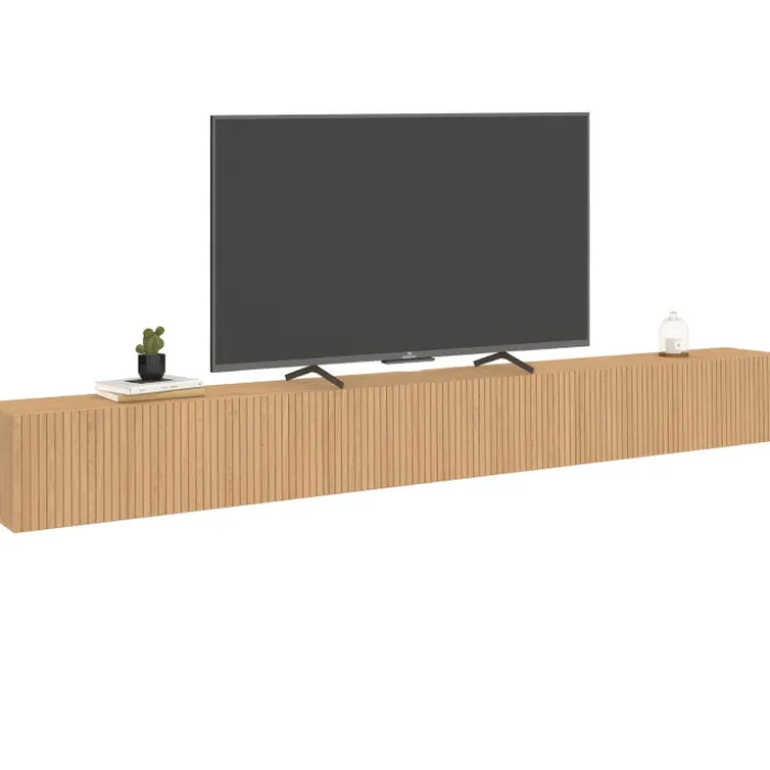 Meuble TV 270 cm suspendu 3 portes lattes tasseau bois coloris chêne