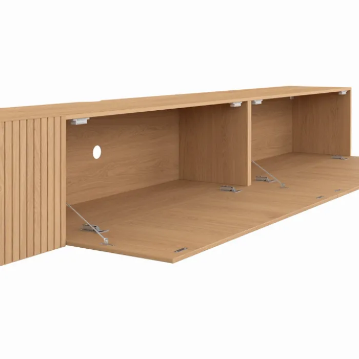Meuble TV 270 cm suspendu 3 portes lattes tasseau bois coloris chêne
