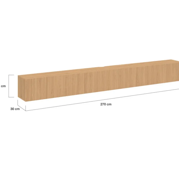 Meuble TV 270 cm suspendu 3 portes lattes tasseau bois coloris chêne