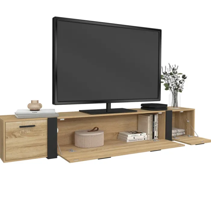 Meuble TV 180 cm suspendu 3 portes design industriel