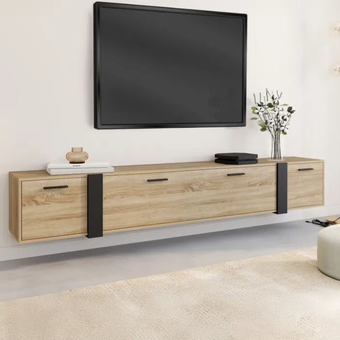 Meuble TV 180 cm suspendu 3 portes design industriel