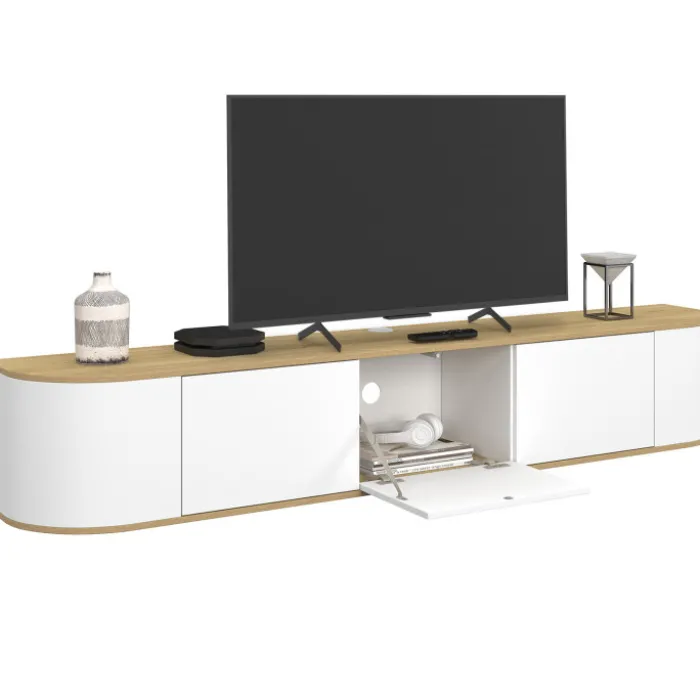 Meuble TV 180 cm suspendu 3 portes bois et blanc