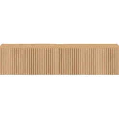 Meuble TV 140 cm suspendu 2 portes lattes tasseau bois coloris chêne