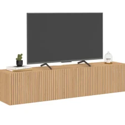 Meuble TV 140 cm suspendu 2 portes lattes tasseau bois coloris chêne