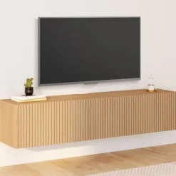 Meuble TV 140 cm suspendu 2 portes lattes tasseau bois coloris chêne