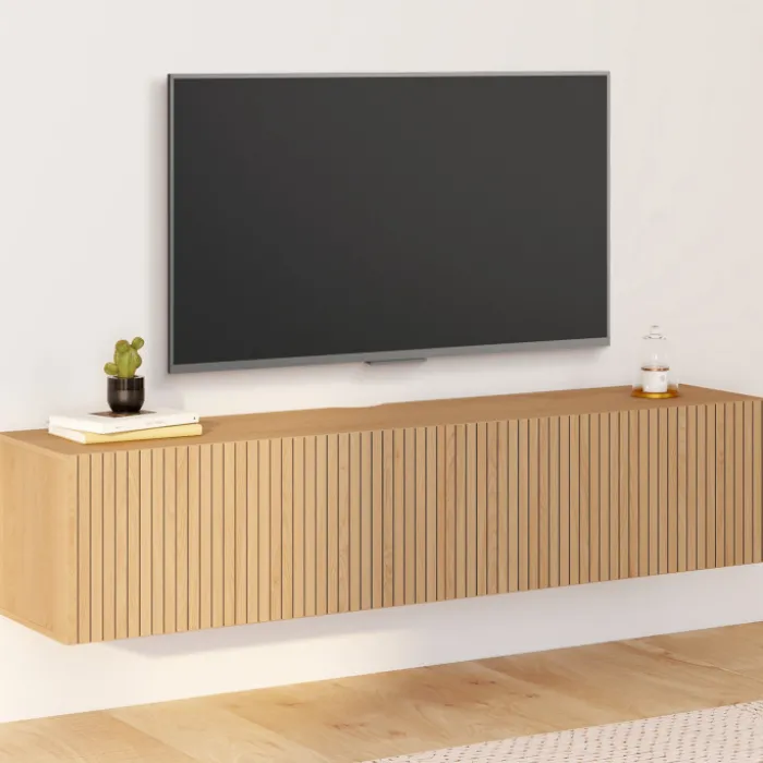 Meuble TV 140 cm suspendu 2 portes lattes tasseau bois coloris chêne
