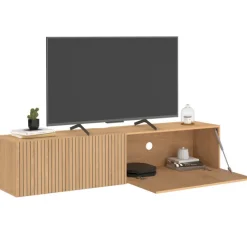 Meuble TV 140 cm suspendu 2 portes lattes tasseau bois coloris chêne