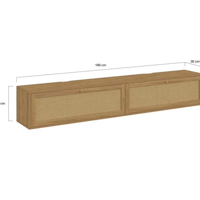 Meuble TV 180 cm suspendu 2 portes effet naturel cannage