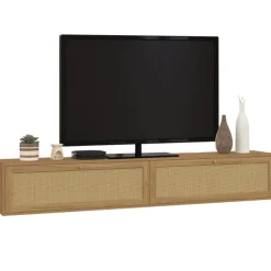 Meuble TV 180 cm suspendu 2 portes effet naturel cannage