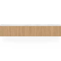 Meuble TV 180 cm suspendu plateau effet marbre lattes tasseau bois coloris chêne