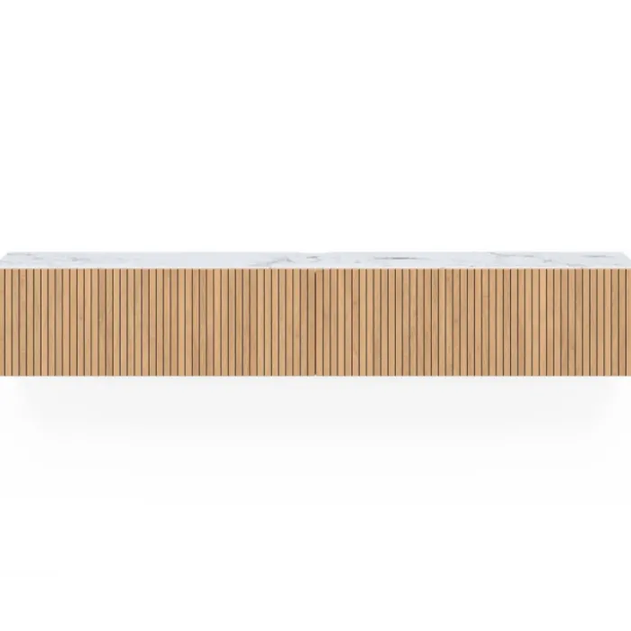 Meuble TV 180 cm suspendu plateau effet marbre lattes tasseau bois coloris chêne