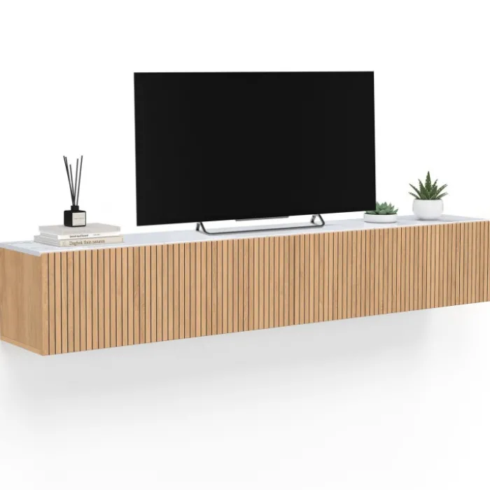 Meuble TV 180 cm suspendu plateau effet marbre lattes tasseau bois coloris chêne