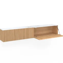 Meuble TV 180 cm suspendu plateau effet marbre lattes tasseau bois coloris chêne