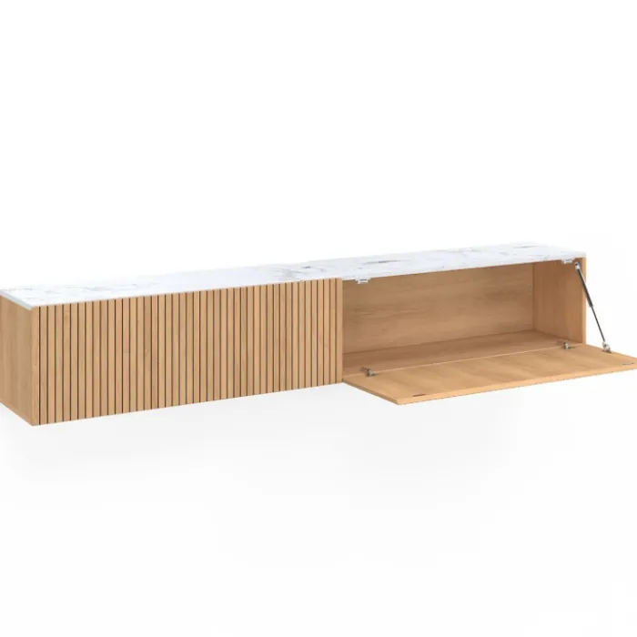 Meuble TV 180 cm suspendu plateau effet marbre lattes tasseau bois coloris chêne