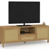 Meuble TV 140 cm vintage 3 portes effet naturel cannage