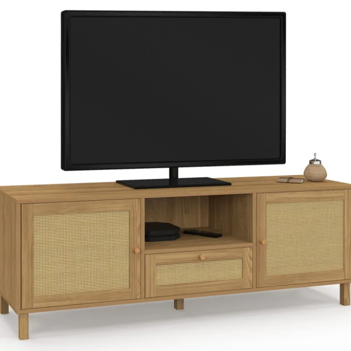 Meuble TV 140 cm vintage 3 portes effet naturel cannage