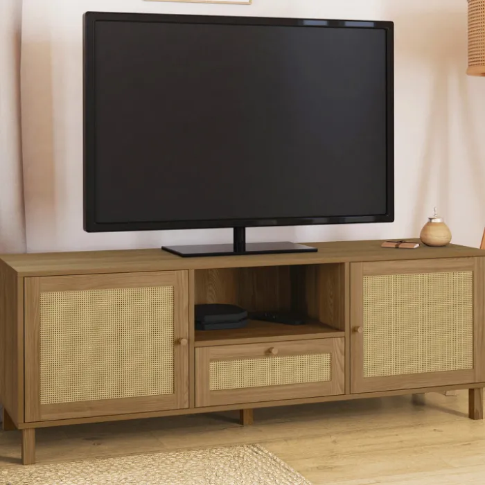 Meuble TV 140 cm vintage 3 portes effet naturel cannage