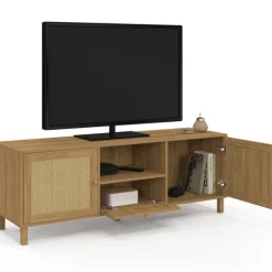 Meuble TV 140 cm vintage 3 portes effet naturel cannage